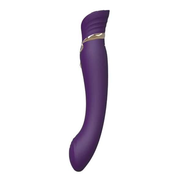 Queen PulseWave vibrator by ZALO, designed to stimulate the G-spot with high-tech precision. It combines eight vibrating modes and eight pulsating waves for a luxurious sensory experience. Its elegant silhouette is decorated with gold elements and Swarovski embellishment. The heated function adds an extra dimension of pleasure. Awarded for its refined design and innovative features, it offers the ultimate intimate experience.