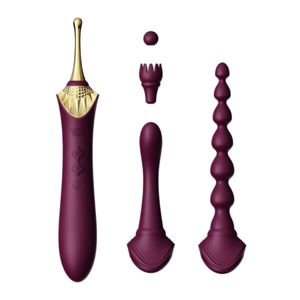 Stimulateur intime ZALO Bess 2, élégant et fin, en silicone haut de gamme, présenté avec embouts interchangeables et fonction chauffante, conçu pour une stimulation précise et personnalisée.