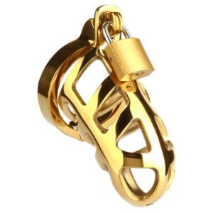 Jaula de castidad de acero inoxidable de alta calidad con acabado dorado Sistema de cierre con candado y llave