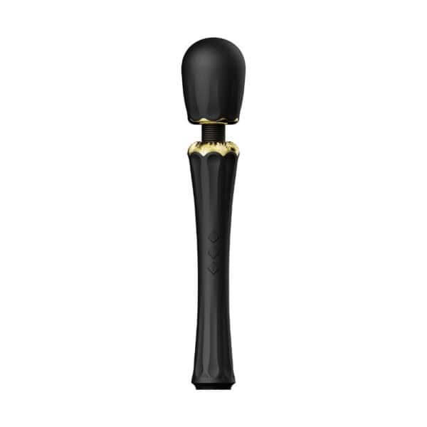 Packshot Wand Vibrator Schwarz aus Silikon und palstischem ABS Spritzwassergeschützt 5 Vibrationsmodi mit zwei Silikonaufsätzen inklusive