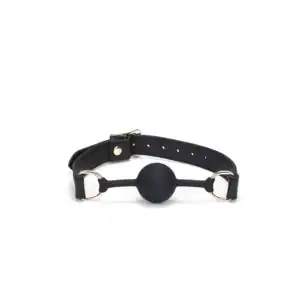 Ballknebel GAG aus schwarzem Glattleder mit Silikonball verstellbarer Riemen Detail aus goldfarbenem Metall