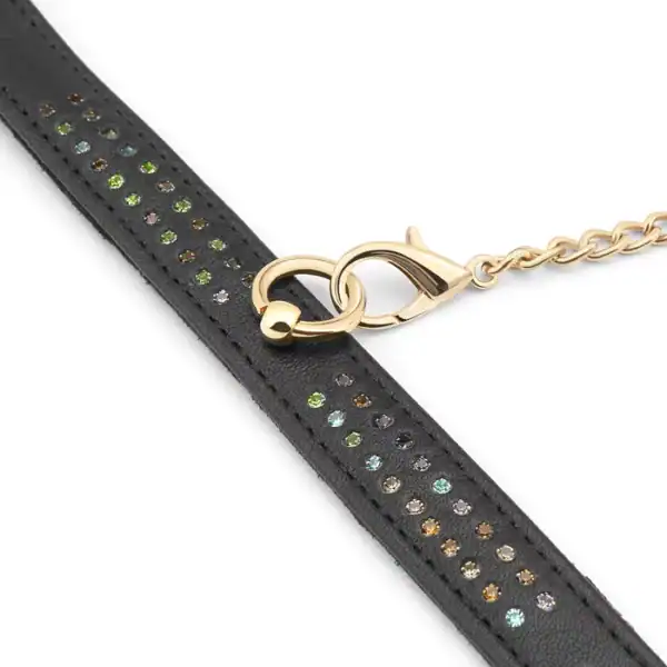 Menottes de Chevilles en Cuir Véritable de Vache Orné de Cristaux Multicolore Discrets avec Attaches O et Chaîne en Métal Doré