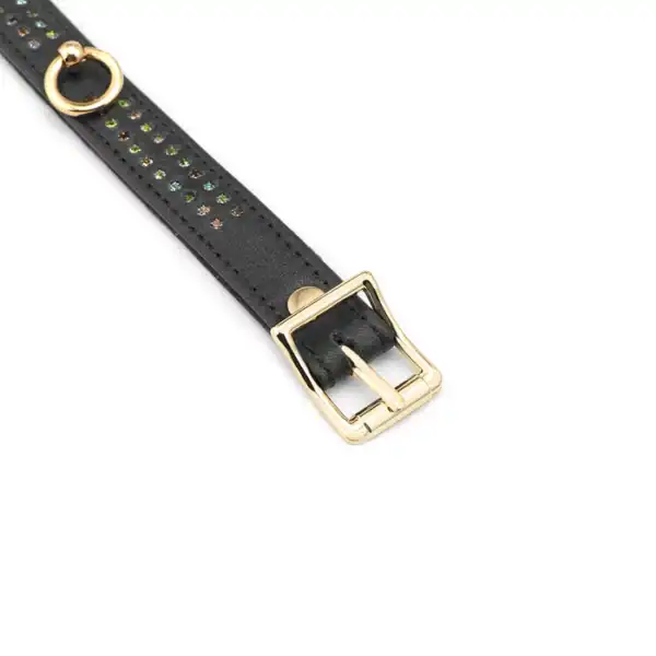 Menottes de Chevilles en Cuir Véritable de Vache Orné de Cristaux Multicolore Discrets avec Attaches O et Chaîne en Métal Doré