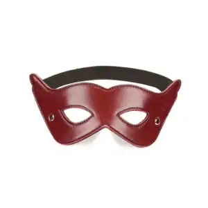 Open face mask in Wine Red cowhide with adjustable elastic strap and pink-gold metallic finish