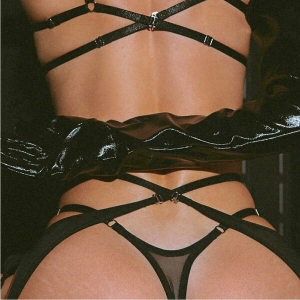 Stefania set by Pivovarova: black tulle lingerie with graphic details, adjustable and handmade. Includes bra, g-string, garter belt and garters.