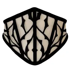 Korsettgürtel aus nudefarbenem, schwarz besticktem Tüll, figurformender spitzer Schnitt. Details aus Samt und Walfischstruktur. Schlanke Silhouette mit einem raffinierten Gothic-Touch.