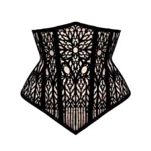 Corset underbust gothique en tulle nude orné de velours noir, avec baleines acier et doublure en velours. Inspiré des formes gothiques. Silhouette structurée et confort assurés.