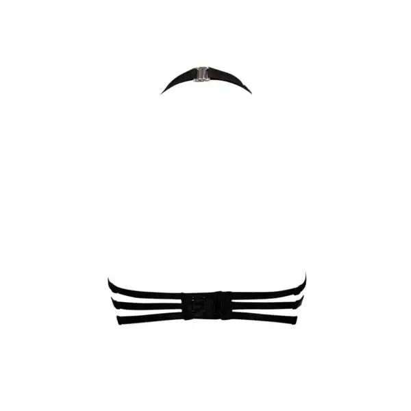 Gothic-BH aus nudefarbenem, schwarz besticktem Tüll mit facettierten Perlen. Halbschalen aus schwarzem, gefüttertem Satin und verstellbarer Halfterkragen. Dramatische Eleganz und bequemer Halt.