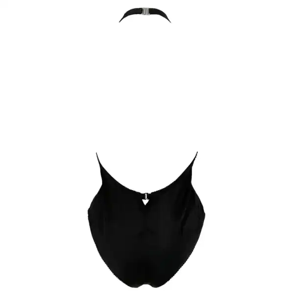 Body gothique brodé en tulle nude, col montant et décolleté en V effet illusion. Détails en satin vegan noir et dos nu. Pièce phare de la collection DOGMA par Videnoir.