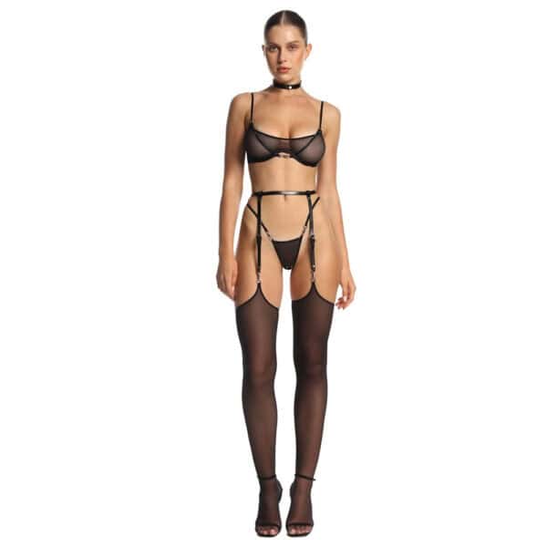 Imani x Nala Anoeses set: sheer mesh bra, matching g-string, curved fishnet stockings and leather garter belt - high-end, erotic, handcrafted lingerie.