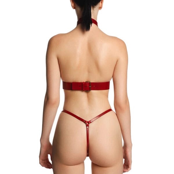 Упряжь TALMA от Anoeses из зернистой красной кожи со структурированным воротником, изогнутым ремнем и съемными стрингами, оснащенными металлическими кольцами для бондажных аксессуаров - смелый, изысканный стиль.