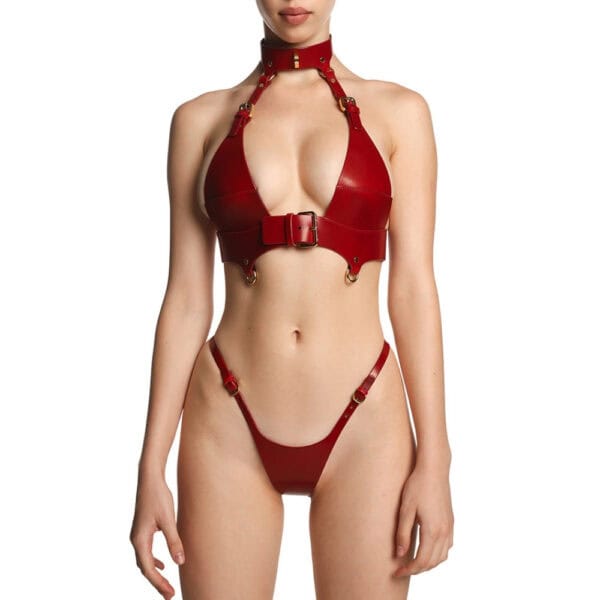 Упряжь TALMA от Anoeses из зернистой красной кожи со структурированным воротником, изогнутым ремнем и съемными стрингами, оснащенными металлическими кольцами для бондажных аксессуаров - смелый, изысканный стиль.