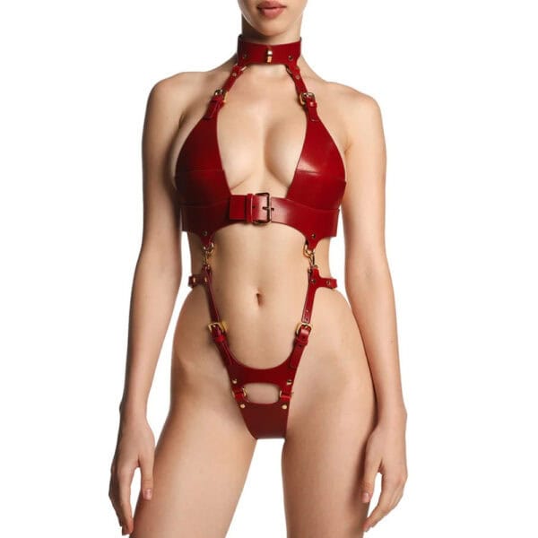 Упряжь TALMA от Anoeses из зернистой красной кожи со структурированным воротником, изогнутым ремнем и съемными стрингами, оснащенными металлическими кольцами для бондажных аксессуаров - смелый, изысканный стиль.