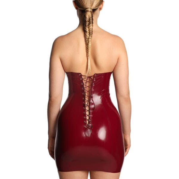 Vestido Anoeses Impulse Látex Vestido “Impulse” sin tirantes de látex burdeos de ANOESES, con espalda con cordones, finos tirantes desmontables y acabado ultra entallado: una creación sensual, artesanal y ética.