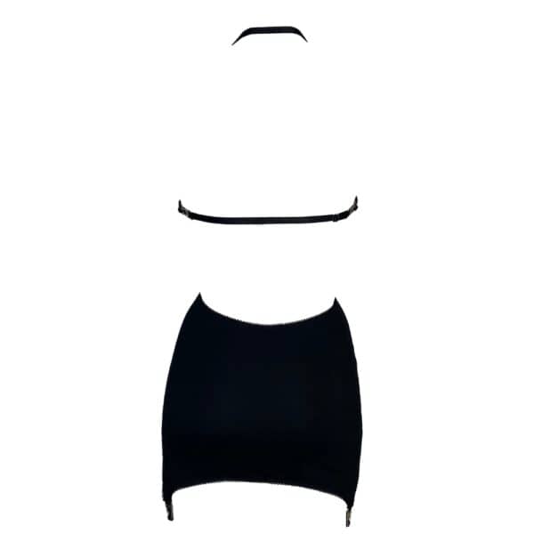 Hedone-Kleid aus weichem, dehnbarem Jersey, gewagte Ausschnitte vorne, tiefer Rücken, verstellbare Bänder am Hals und Rücken, integrierte Strapshalter-Clips für einen wandelbaren Stil.