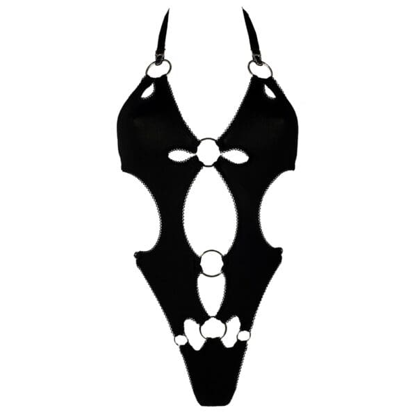 Erato Body aus weichem, dehnbarem Jersey mit präzisen Ausschnitten, Tropfenöffnungen, Picot-Gummiband, verstellbaren und abnehmbaren Trägern, dezenter silberfarbener Hardware.