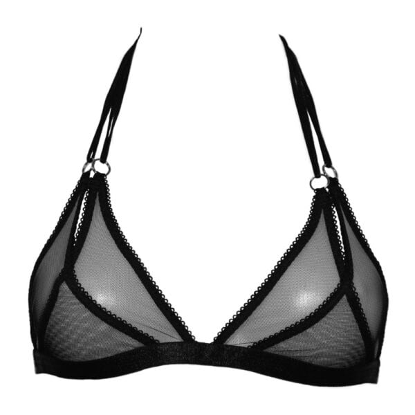 Soutien-gorge souple Nyx en tulle noir croisé avec élastique spaghetti noué derrière la nuque et anneaux métalliques argentés pour une touche espiègle.