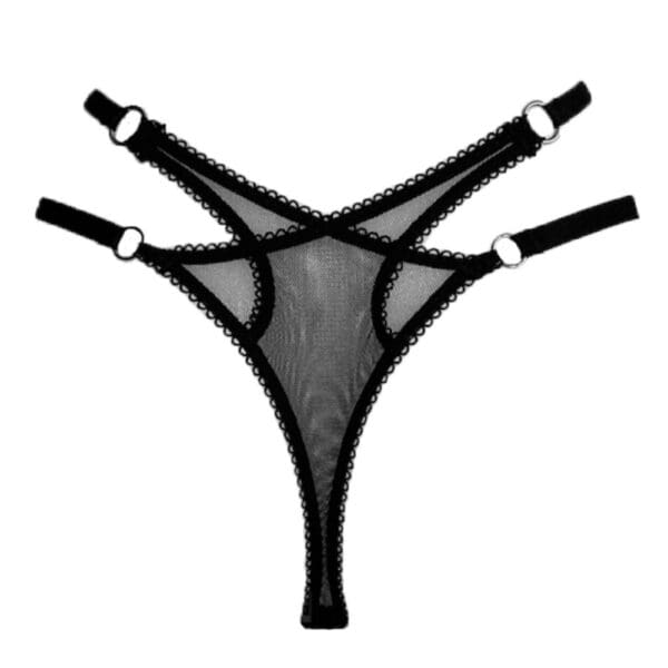 Selene thong in twill tulle with picot elastic, silver rings, adjustable sides and garter belt ties. Light, graphic silhouette. LETHE Intimates.
