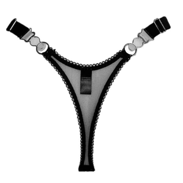 Стринги Dione из саржевого тюля с эластичной отделкой пико, серебряными кольцами, регулируемыми боками и завязками. Структурированный, чувственный дизайн.