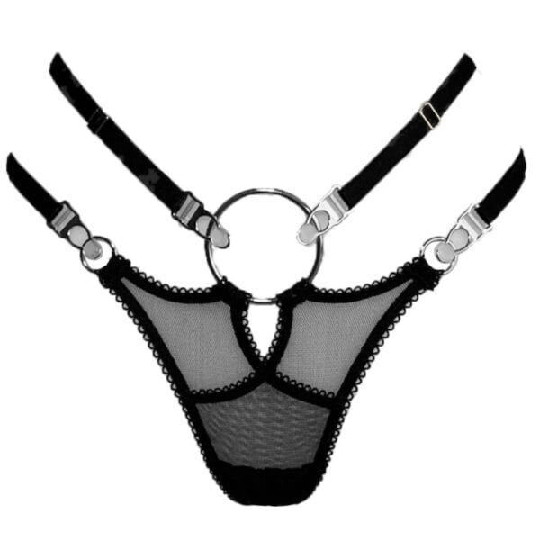 Selene thong in twill tulle with picot elastic, silver rings, adjustable sides and garter belt ties. Light, graphic silhouette. LETHE Intimates.