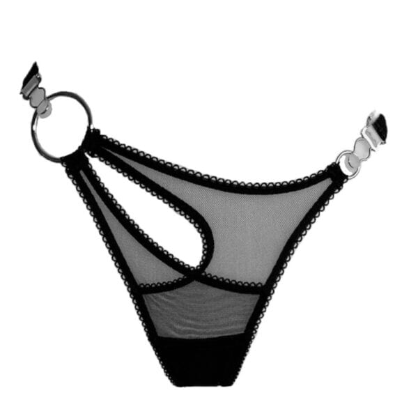 Стринги Dione из саржевого тюля с эластичной отделкой пико, серебряными кольцами, регулируемыми боками и завязками. Структурированный, чувственный дизайн.
