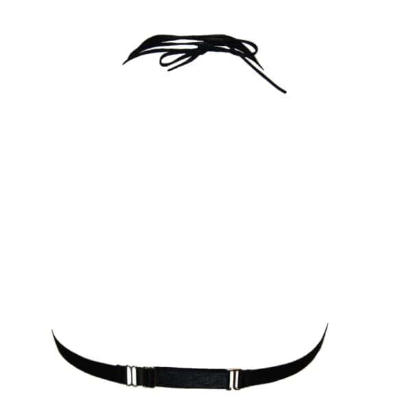 Soutien-gorge souple Nyx en tulle noir croisé avec élastique spaghetti noué derrière la nuque et anneaux métalliques argentés pour une touche espiègle.