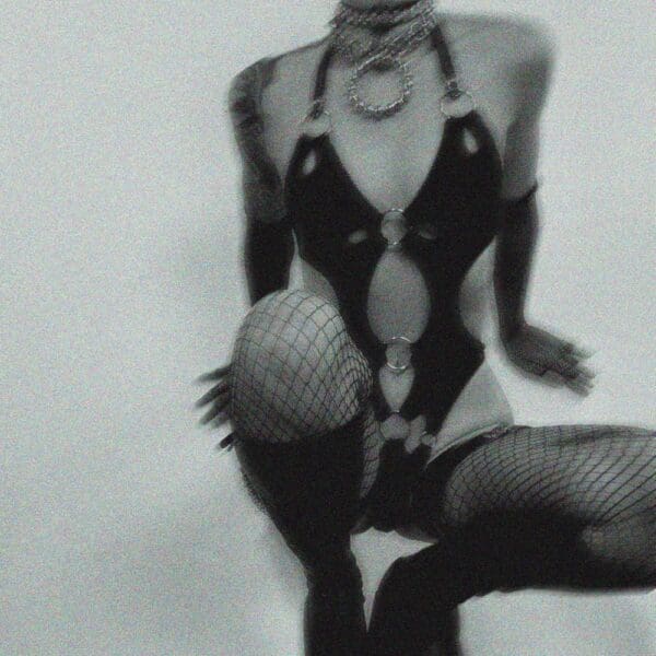 Erato Body aus weichem, dehnbarem Jersey mit präzisen Ausschnitten, Tropfenöffnungen, Picot-Gummiband, verstellbaren und abnehmbaren Trägern, dezenter silberfarbener Hardware.