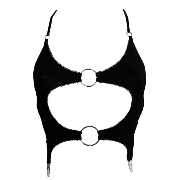 Soutien-gorge souple Eros en jersey extensible avec coupe ouverte, élastique picot, anneaux métalliques argentés, dos noué et bretelles réglables pour un ajustement parfait.