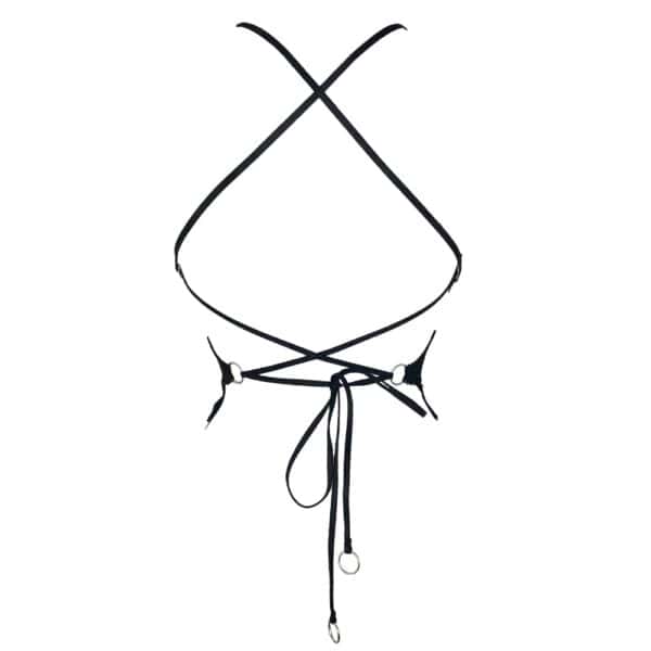 Soutien-gorge souple Eros en jersey extensible avec coupe ouverte, élastique picot, anneaux métalliques argentés, dos noué et bretelles réglables pour un ajustement parfait.