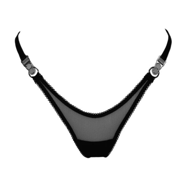 Стринги Eos из полупрозрачной черной сетки с эластичной отделкой пико, серебристыми кольцами и регулируемыми боковыми сторонами для идеальной поддержки.