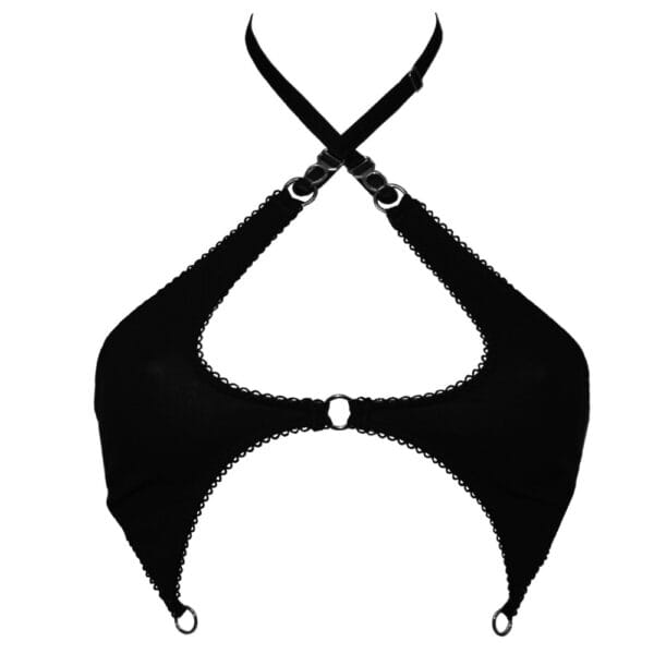 Lingerie réversible en tissu extensible doux, avec découpe cœur graphique et anneau métallique argenté central. Élastique picot et bretelles ajustables pour un confort optimal.