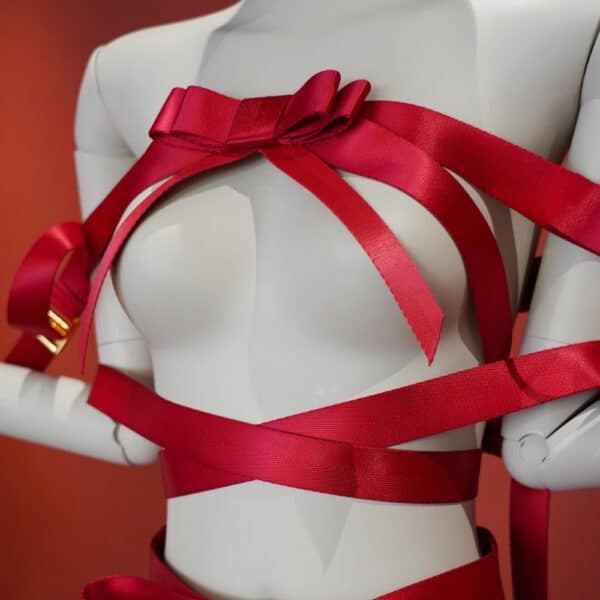 UPKO Bowknot-Harness aus schwarzen Gurten mit zentraler Fliege, rahmt Brust und Arme ein und ist mit Klettverschlüssen ausgestattet - ein ästhetischer und funktioneller Oberkörper-Harness.