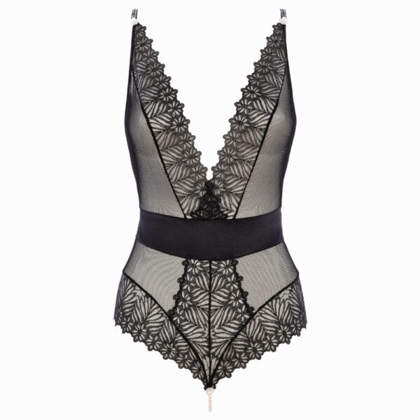 Body string BRACLI Destinos en dentelle noire avec lurex et soie française, collier de perles amovible stimulant le point G, lingerie artisanale Made in Spain.