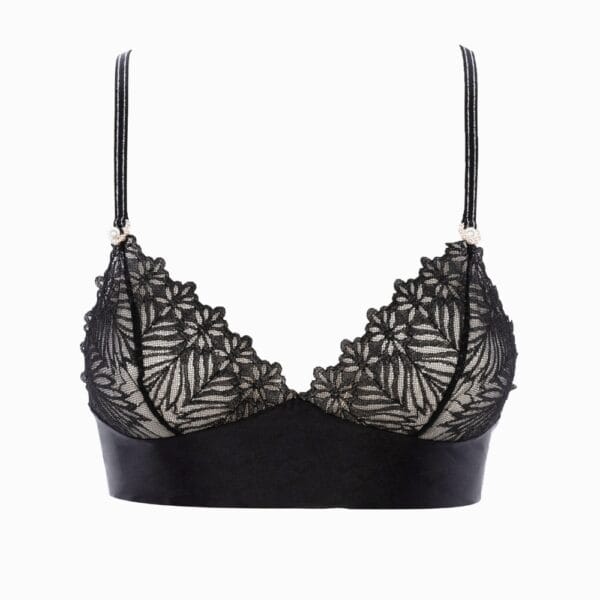 Soutien-gorge BRACLI Destinos en dentelle noire avec lurex, soie française, bretelles réglables et amovibles avec boutons en nacre, finition perles et appliqués argentés, lingerie artisanale Made in Spain.