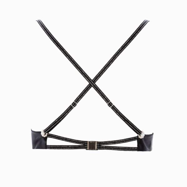 Soutien-gorge BRACLI Destinos en dentelle noire avec lurex, soie française, bretelles réglables et amovibles avec boutons en nacre, finition perles et appliqués argentés, lingerie artisanale Made in Spain.