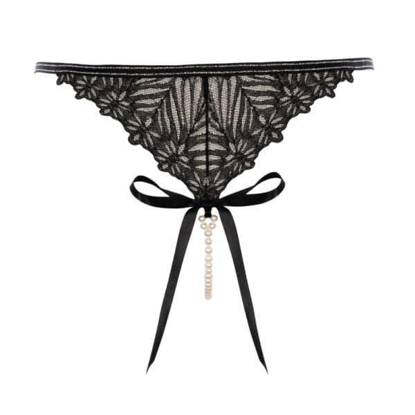 BRACLI Destinos Tanga de encaje negro con lurex, detalle de perlas de Manacor extraíbles, lencería fina ajustable y minimalista, hecho a mano en España.