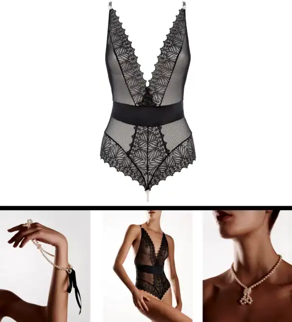 Body string BRACLI Destinos en dentelle noire avec lurex et soie française, collier de perles amovible stimulant le point G, lingerie artisanale Made in Spain.