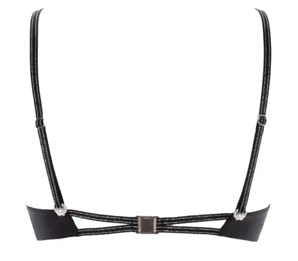 Soutien-gorge BRACLI Destinos en dentelle noire avec lurex, soie française, bretelles réglables et amovibles avec boutons en nacre, finition perles et appliqués argentés, lingerie artisanale Made in Spain.