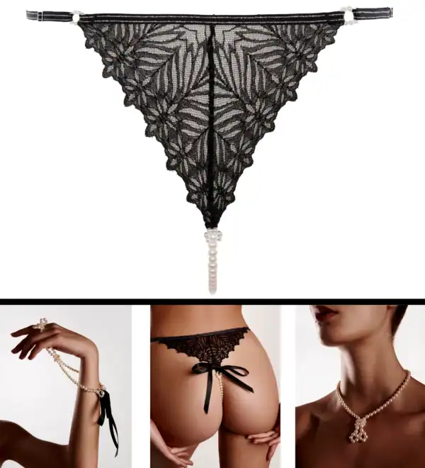 BRACLI Destinos Tanga de encaje negro con lurex, detalle de perlas de Manacor extraíbles, lencería fina ajustable y minimalista, hecho a mano en España.