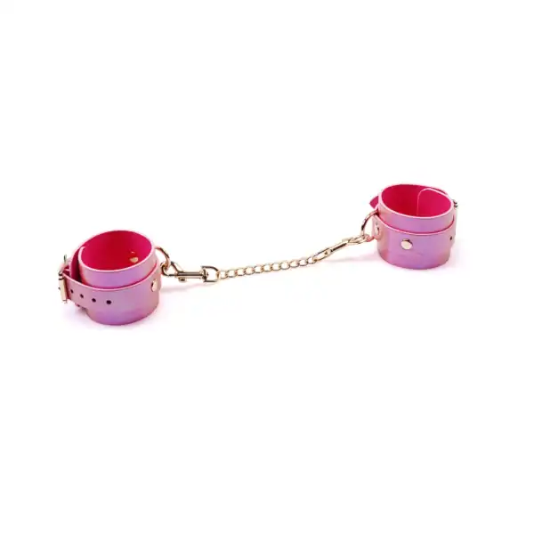 Menottes de poignet en cuir rose irisé avec boucles dorées et chaîne amovible Lustre Rosa
