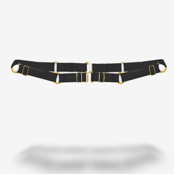 Черный пояс QRUCIFIX с регулируемыми застежками и золотистыми пряжками, сфотографированный на белом фоне. Роскошный аксессуар для нижнего белья продается в BRIGADE MONDAINE по адресу Paris 5.
