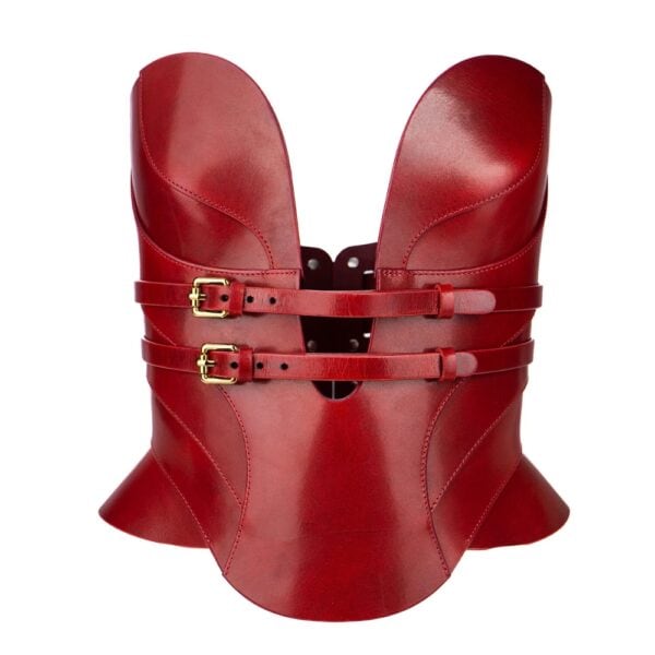Rotes Lederkorsett Daelos von RE:STRICT, geschnitztes Korsett mit Metallbeschlägen, Bondage-Stil, handgefertigte Handarbeit.