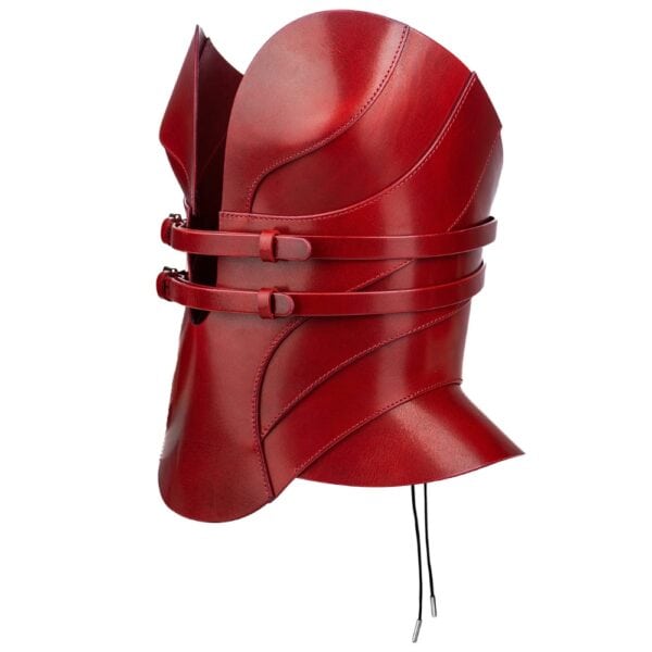 Rotes Lederkorsett Daelos von RE:STRICT, geschnitztes Korsett mit Metallbeschlägen, Bondage-Stil, handgefertigte Handarbeit.