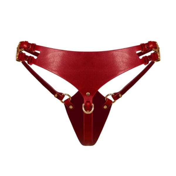 ASTREA thong in full-grain red leather, minimalist and adjustable, handcrafted bondage creation RE:STRICT, revealing curves with elegance.