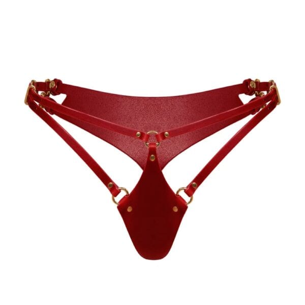 ASTREA thong in full-grain red leather, minimalist and adjustable, handcrafted bondage creation RE:STRICT, revealing curves with elegance.