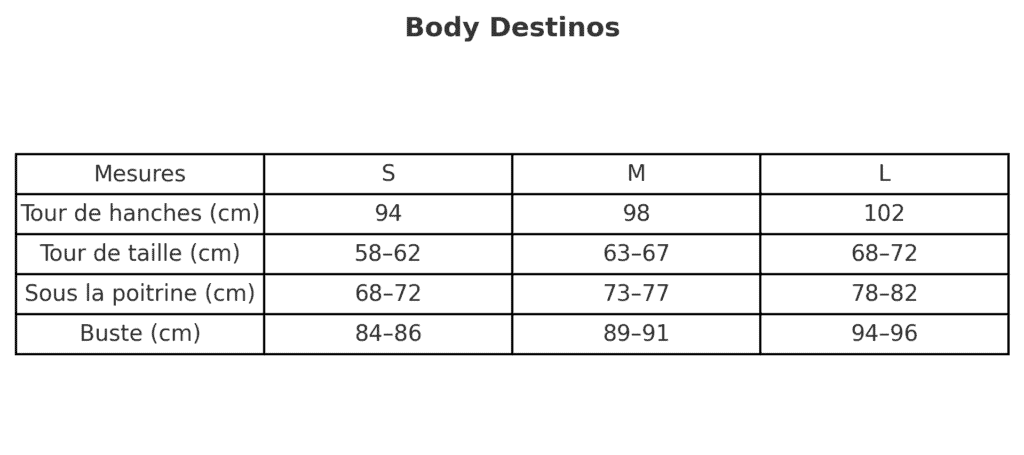 Таблица размеров Destinos Body